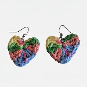 Handmade rainbow crochet heart earrings